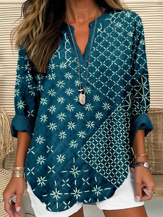 Cardydony Japanese Sashiko Art Linen Blend Cozy Shirt