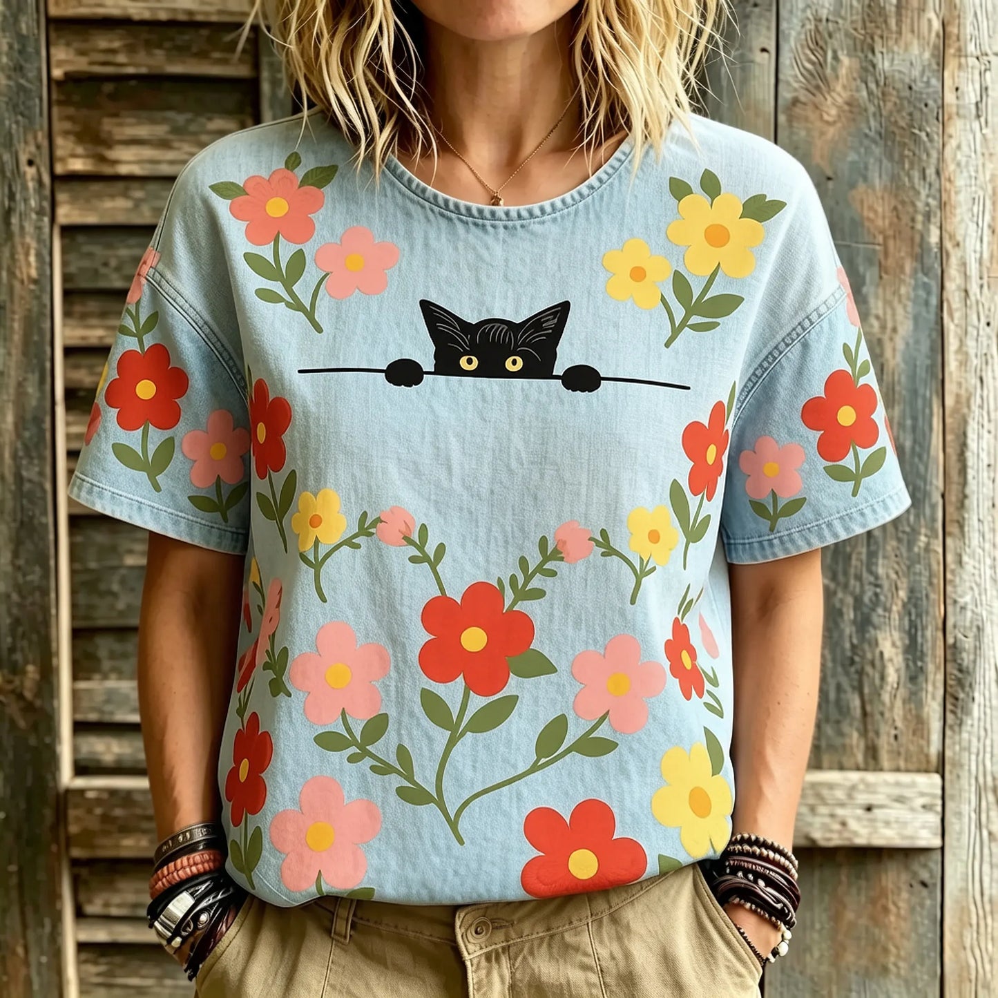 Cardydony Women's Hippie Cute Cat With Floral Art Print Linen Blend Round Neck Tshirt