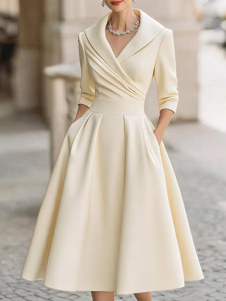 Cardydony Vintage-inspired Satin Midi Dress With Draped Collar