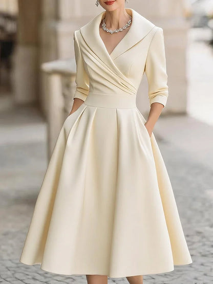 Cardydony Vintage-inspired Satin Midi Dress With Draped Collar