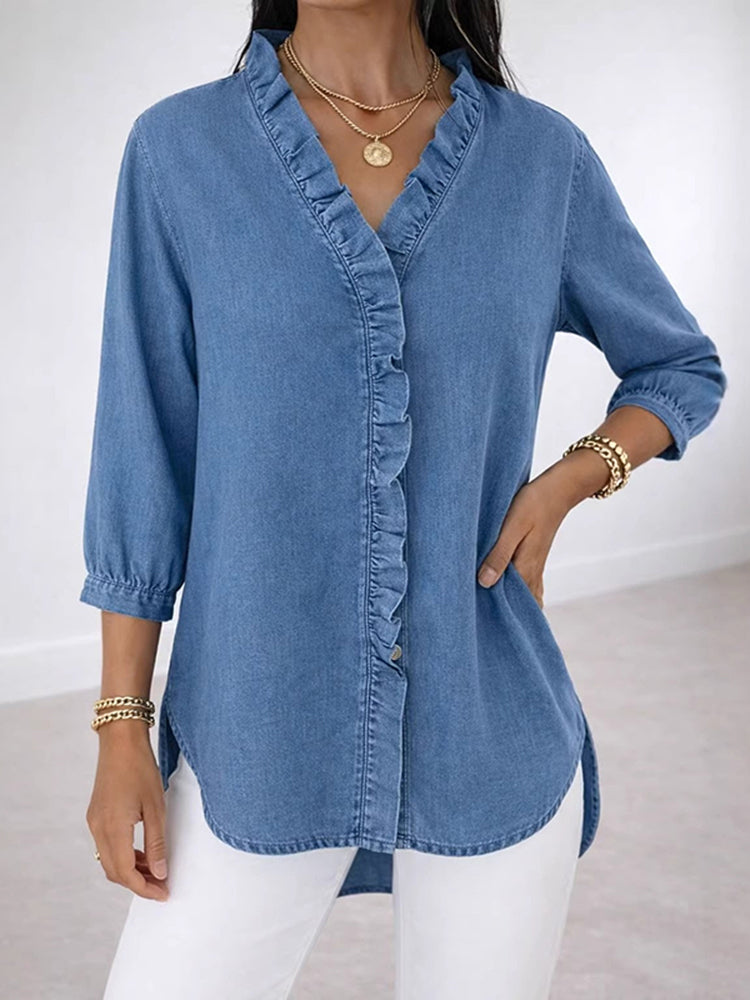 Cardydony Women's Casual Imitation Denim V-neck Ruffle Shirt