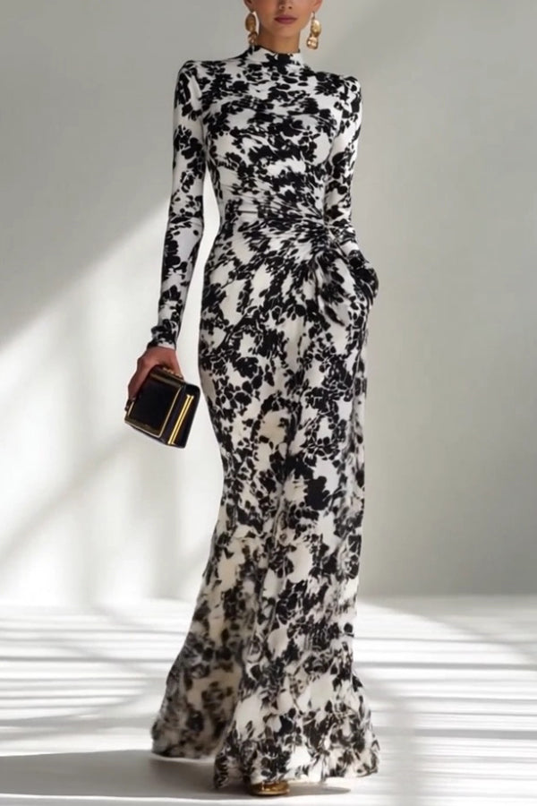 Cardydony Women's Black and White Color-blocked Printed Long-sleeved Pocket Slim-fit Pleated Maxi Dress