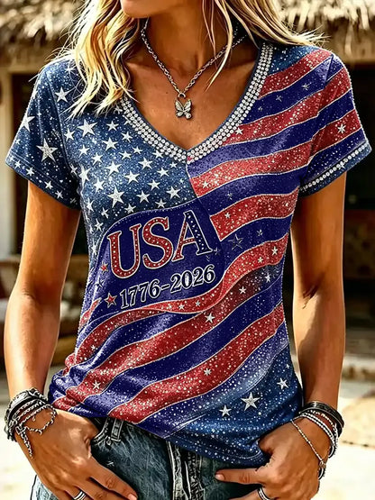 Cardydony Women's Independence Day Printed V Neck Casual Tops