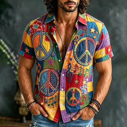 Cardydony Men's Patchwork Hippie Musical Note Design Linen Shirt