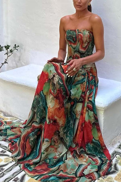 Cardydony Women's Vacay Vibes Colorful Lava Print Off Shoulder Smocked Scarf Maxi Dress