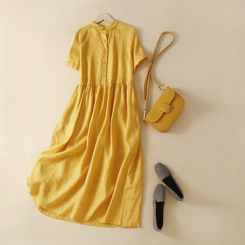 Cardydony Women's Solid Color Linen Blend Lapel Dress