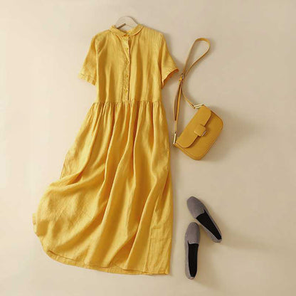 Cardydony Women's Solid Color Linen Blend Lapel Dress