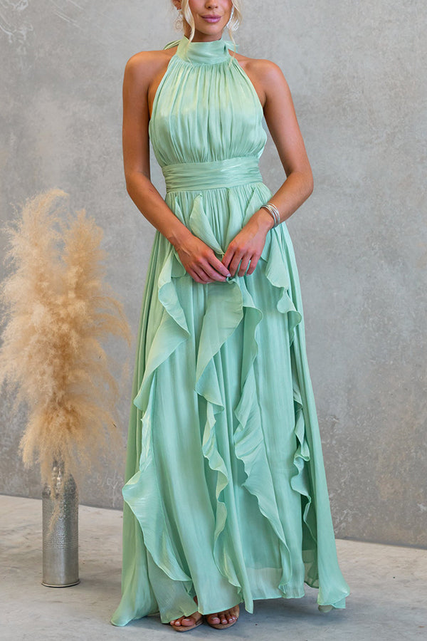 Cardydony Women's Coral Textured Metallic Chiffon Material High Tie Neck Ruffles Maxi Dress