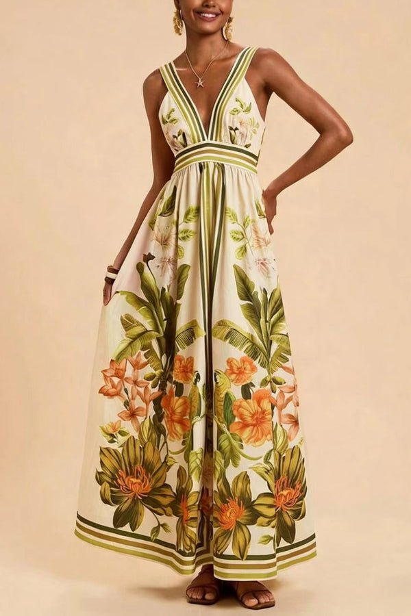 Cardydony Women's  Botanical Print V-neck Backless Pleated Casual Vacation Maxi Dress