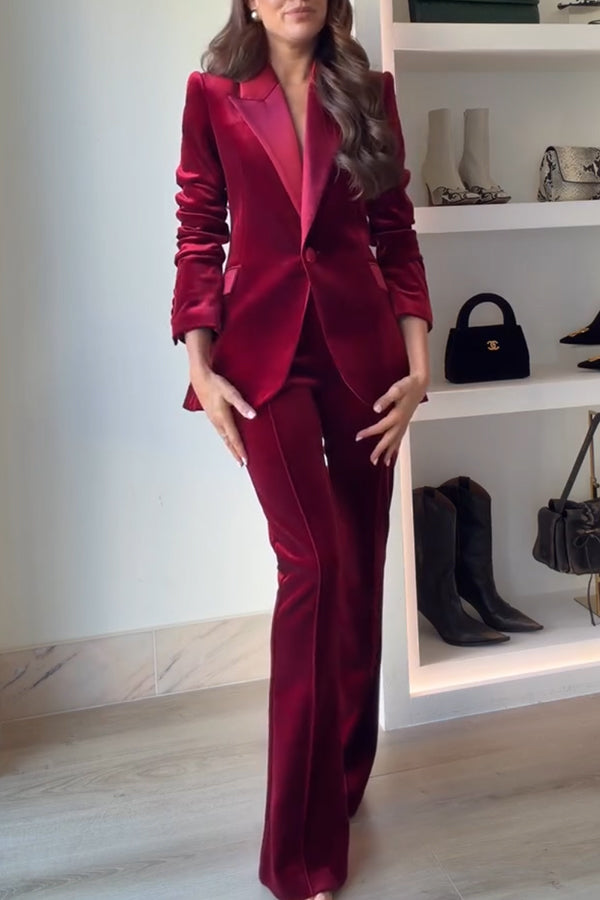 Cardydony Women's Delicate Daze Velvet Satin Lapel Button Up Long Sleeve Tapered Waist Blazer