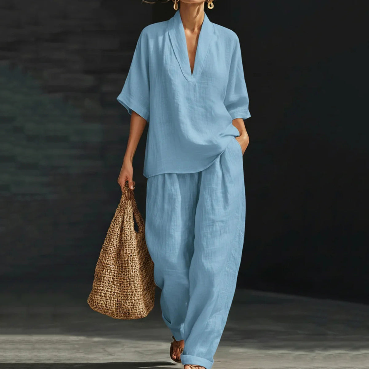 Cardydony Women's Casual Cozy Minimalist Linen Two-piece Set