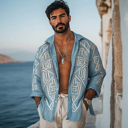 Cardydony Men's Vintage Greek Key Pattern Linen Blend Comfy Blouse