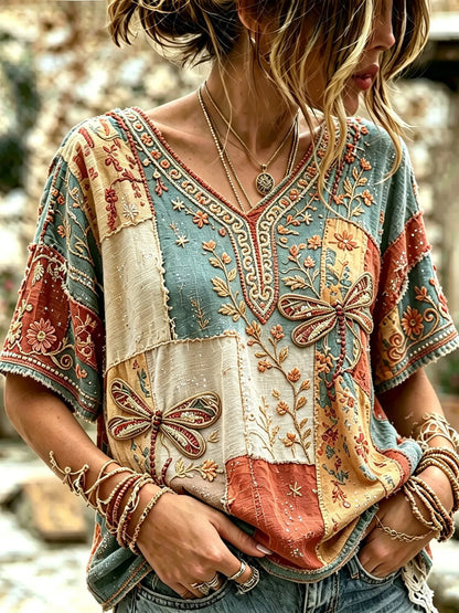 Cardydony Women's Retro Bohemian Hippie Style Floral Dragonfly Embroidered Patchwork Print Short-sleeve V-neck Top