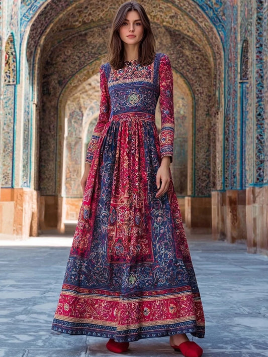 Cardydony Vintage Iran Persian Pattern Inspired Cozy Linen Maxi Dress