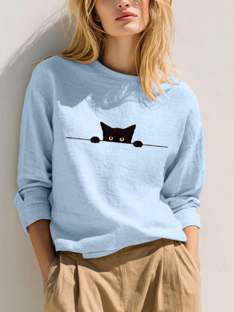 Cardydony Women's Casual Funny Black Cat Print T-shirt
