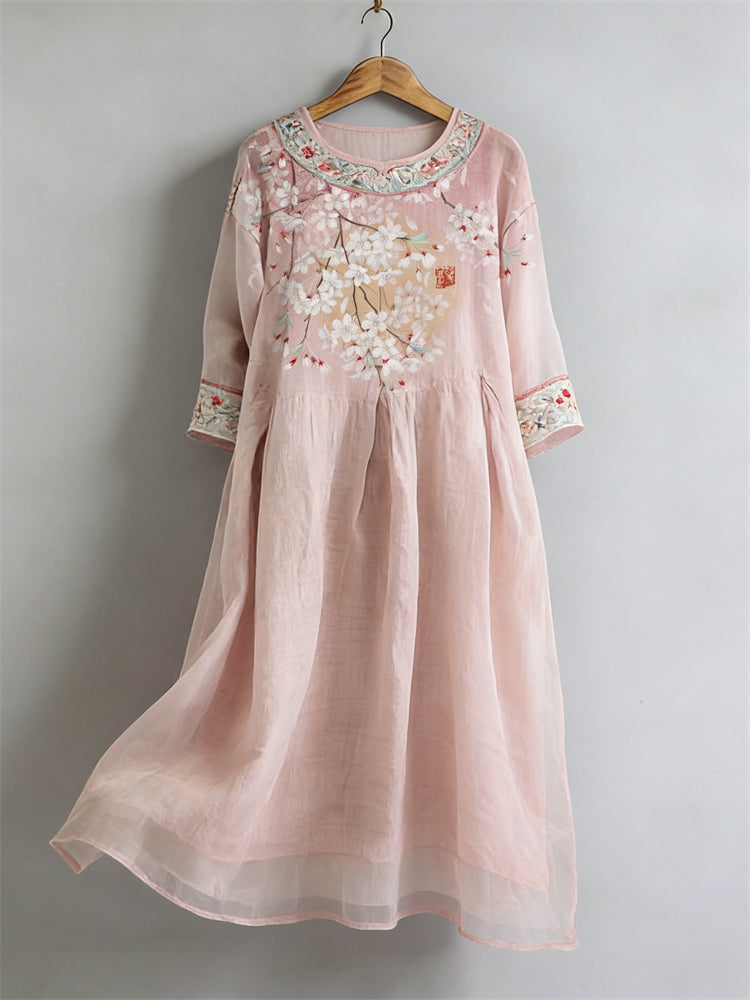 Cardydony Classy Japanese Cherry Blossom Full Moon Flowy Linen Maxi Dress