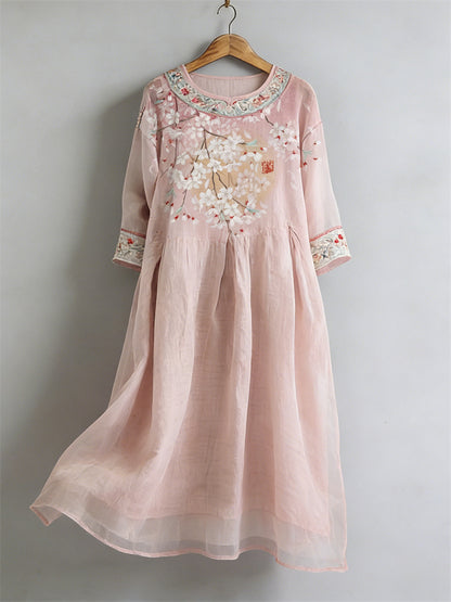 Cardydony Classy Japanese Cherry Blossom Full Moon Flowy Linen Maxi Dress