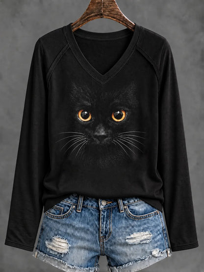Cardydony Women's Cute Black Cat Abstract Art Print Casual Long-sleeve T-shirt