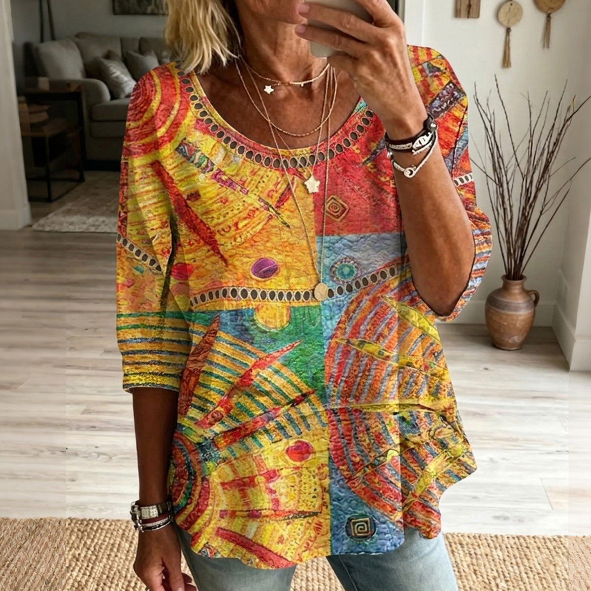 Cardydony Women's Retro Abstract Oil Painting Patchwork Casual Mid-sleeve Top