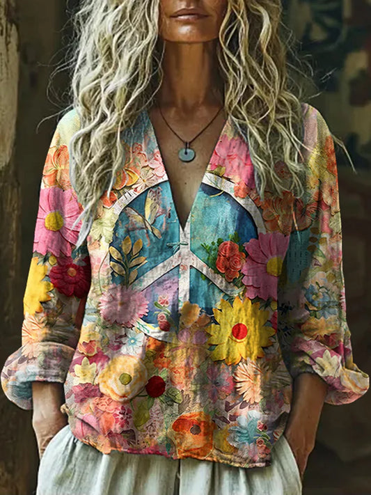 Cardydony Vintage Hippie Vibe Peace And Love Hippie Floral Painting Art Linen V Neck Long Sleeve Shirt