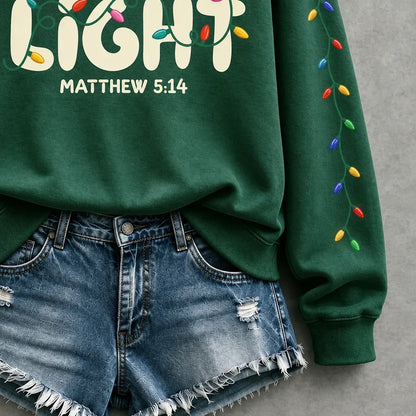 Cardydony Women's Faith Inspired Be The Light Christmas Lights Relaxed Fit Green Pullover Hoodie