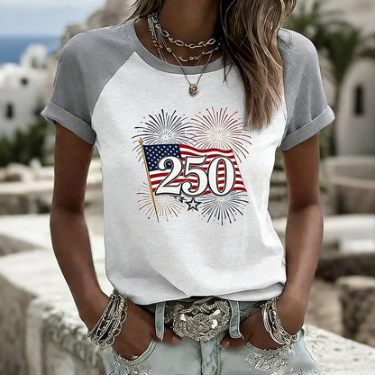 Cardydony Women's Casual American 250th Anniversary Patriotic Print Round Neck T Shirt