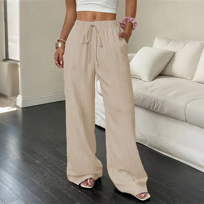 Cardydony Solid Color Elastic Waist Straight Leg Linen Pants