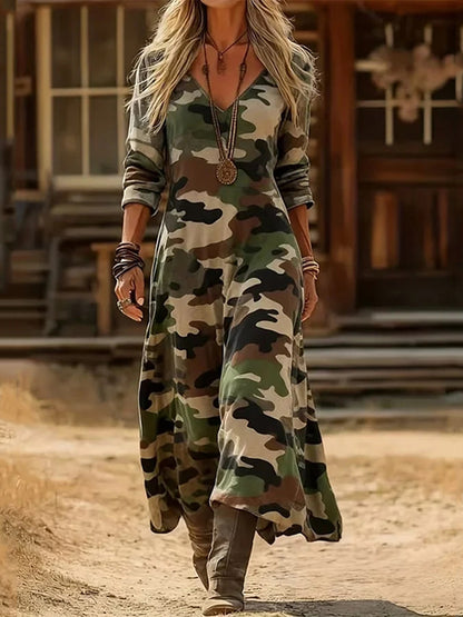 Cardydony Women's Casual Camouflage Art V-neck Color-block Printed Long-sleeved Dress