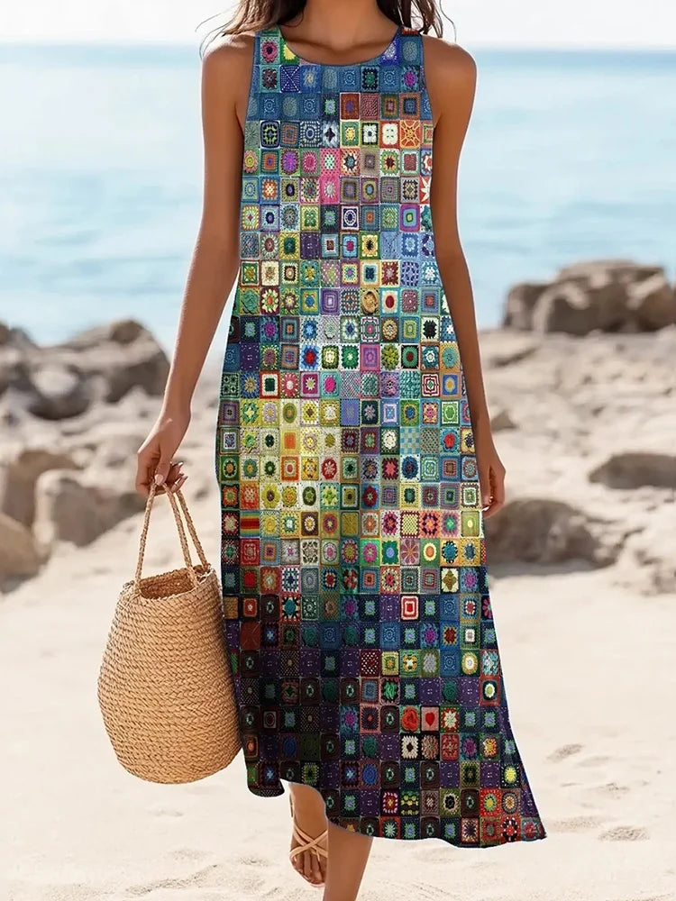 Cardydony Women's Geometric Art Print Round Neck Linen Blend Tank Midi Dress