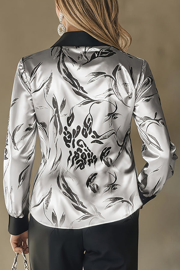 Cardydony Women's Unique Printed Satin Long-Sleeve Casual Shirt