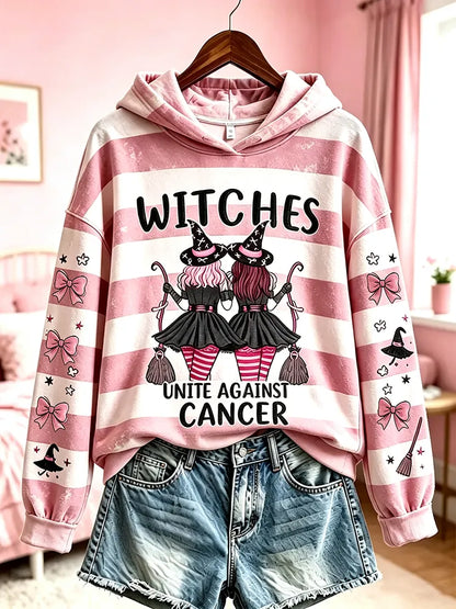 Cardydony Women's Retro Halloween Breast Cancer Awareness Witch Letter Print Hoodie