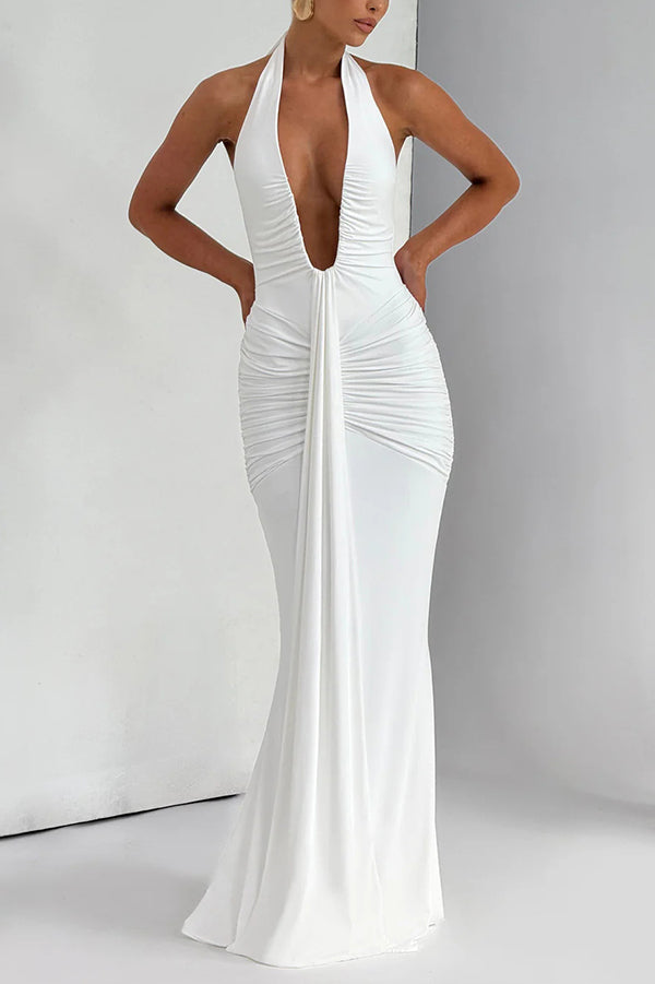 Cardydony Women's Solid Color Elegant Halterneck V-neck Open Back Tie Gathered Maxi Dress