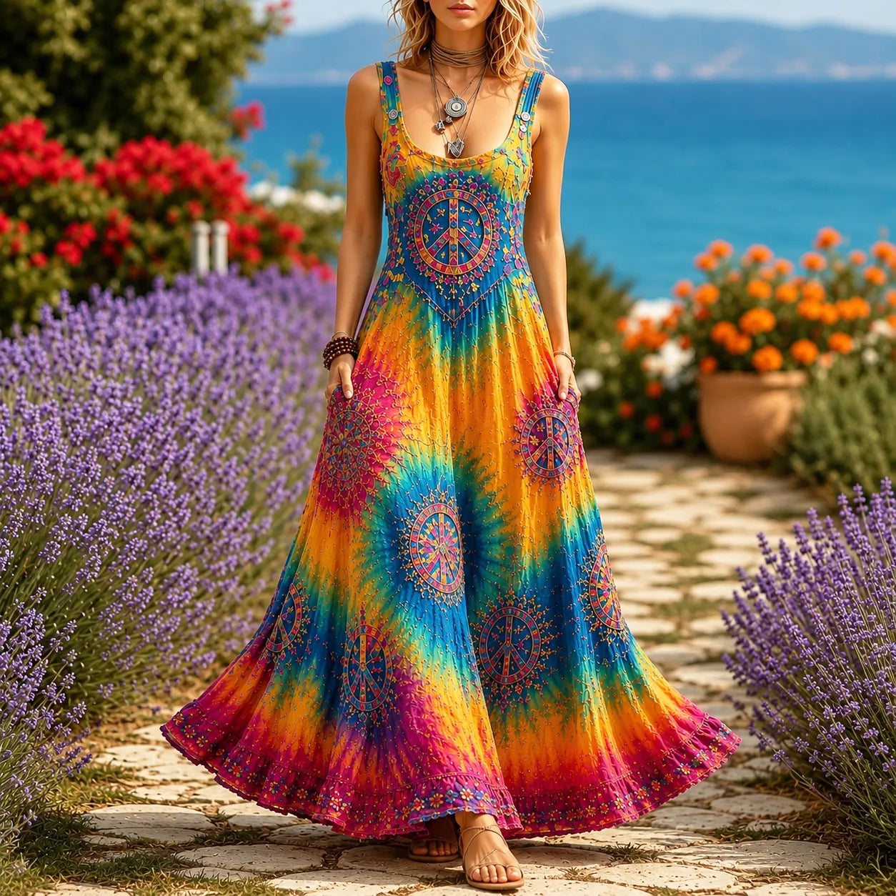 Cardydony Women's Hippie Peace Sign Tie Dye Sleeveless Dress