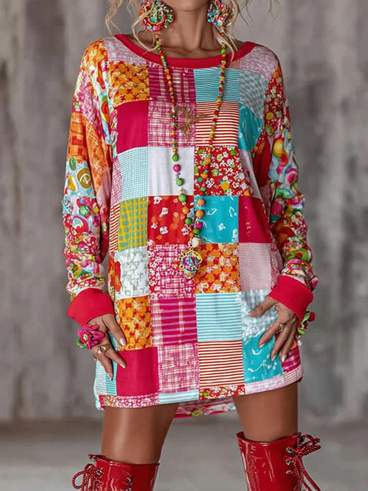 Cardydony Women's Abstract Color Block Plaid Print Mini Dress