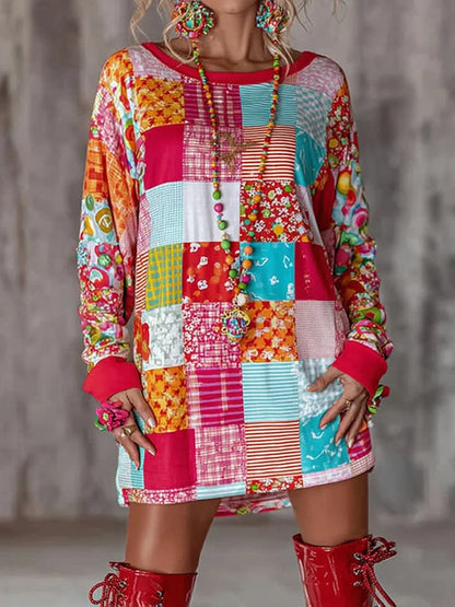 Cardydony Women's Abstract Color Block Plaid Print Mini Dress