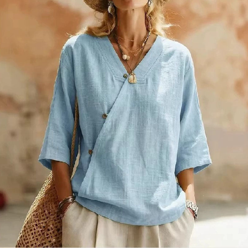 Cardydony Women's Casual Cotton And Linen Retro Diagonal Button Three-quarter Sleeve Top