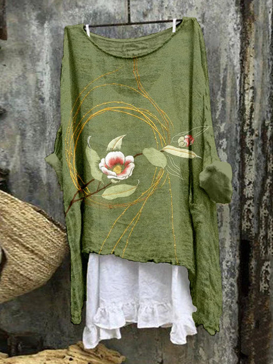 Cardydony Japanese Floral Embroidered Linen Blend Tunic