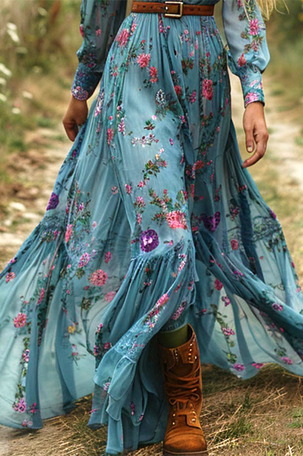 Cardydony Women's Floral Print V-neck Long-sleeved Bohemian Vacation Style Maxi Dress