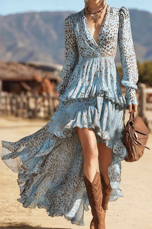 Cardydony Women's Unique Print V-Neck Long Sleeve Irregular Ruffle Maxi Dress