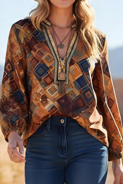 Cardydony Women's Bohemian-style Unique Print V-neck Long-sleeved Loose Top