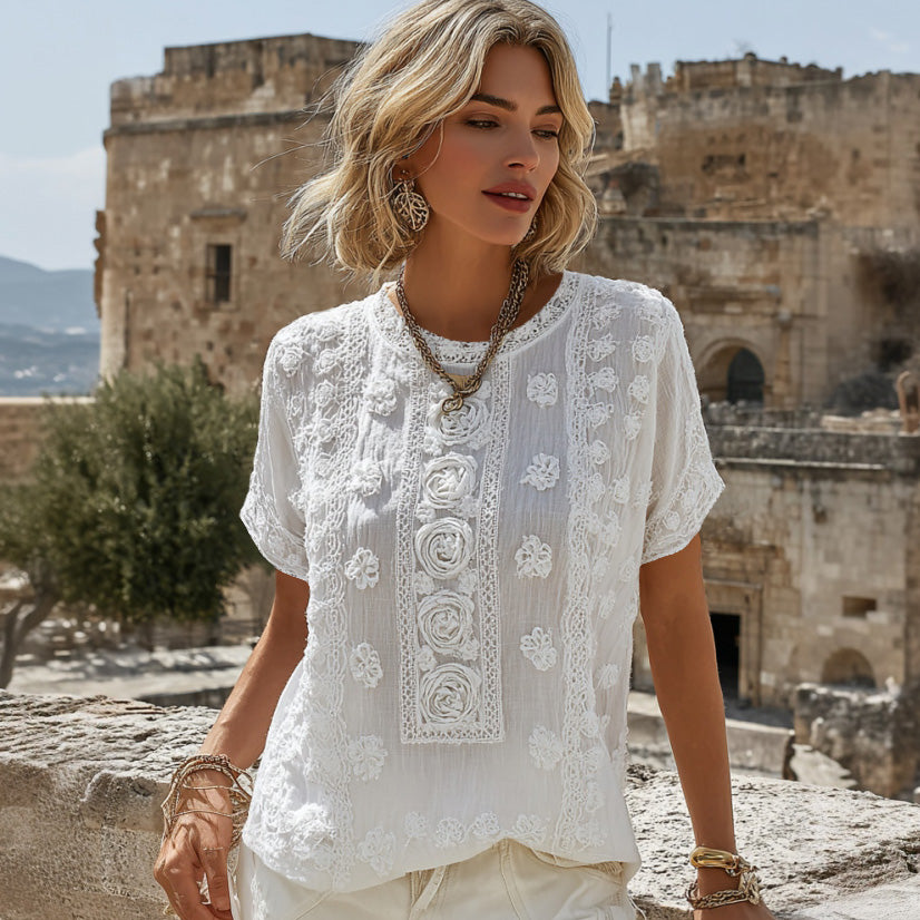 Cardydony Women's Vintage Rose Floral Embroidery Linen Blend Crew Neck Short Sleeve T-shirt