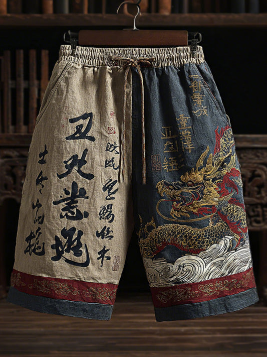 Cardydony Men's Japanese-style Linen Shorts With Dragon And Calligraphy Patterns