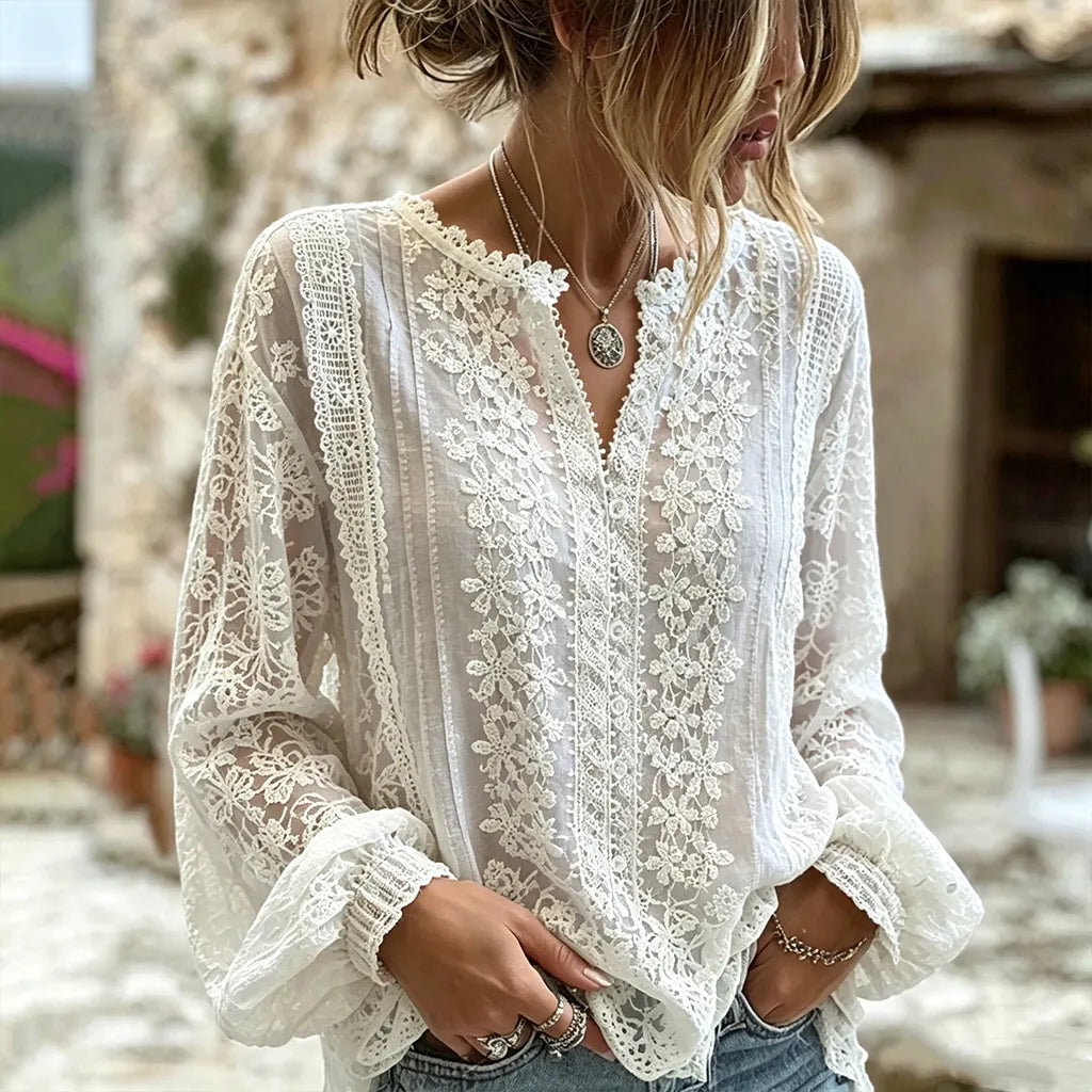 Cardydony Women's Retro Floral Lace Patchwork Casual Cotton-linen Blend T-shirt