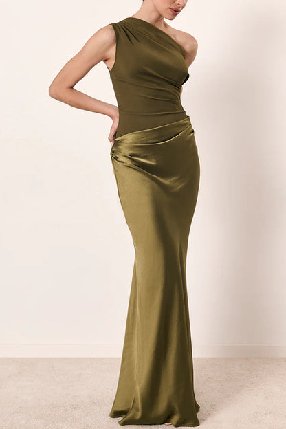 Cardydony Women's Kaia Satin Contrast Fabric Patchwork One Shoulder Ruched Maxi Dress