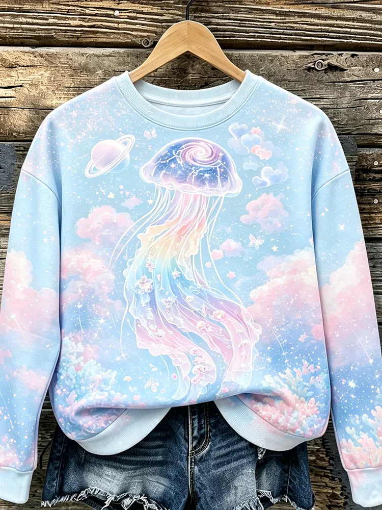 Cardydony Women's Casual Crewneck Sweatshirt Featuring Cosmic Jellyfish And Planet Motif
