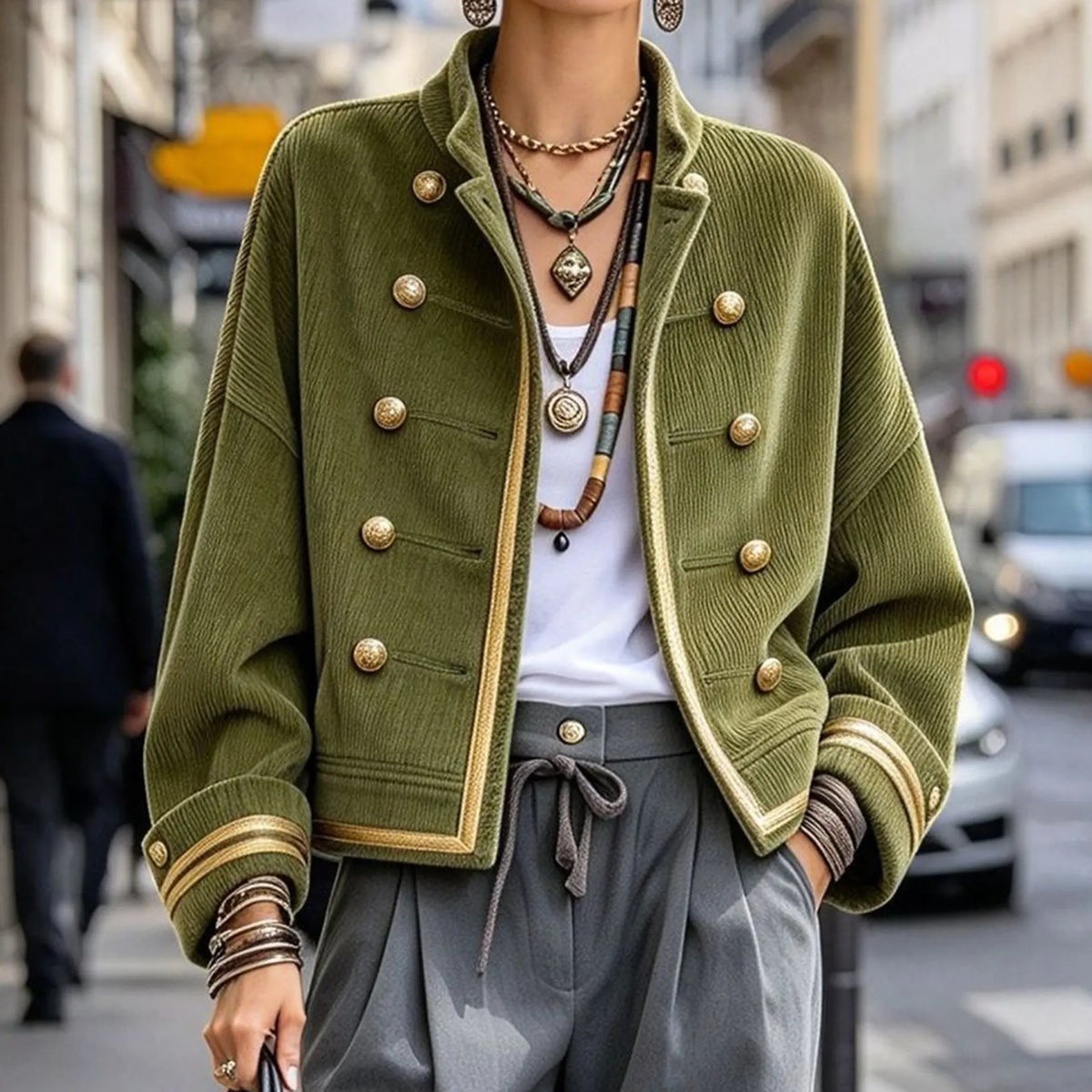 Cardydony Women's Fall Winter Cozy Napoleonic Stand-up Collar Gold Trim Double-breasted Button Corduroy Jacket