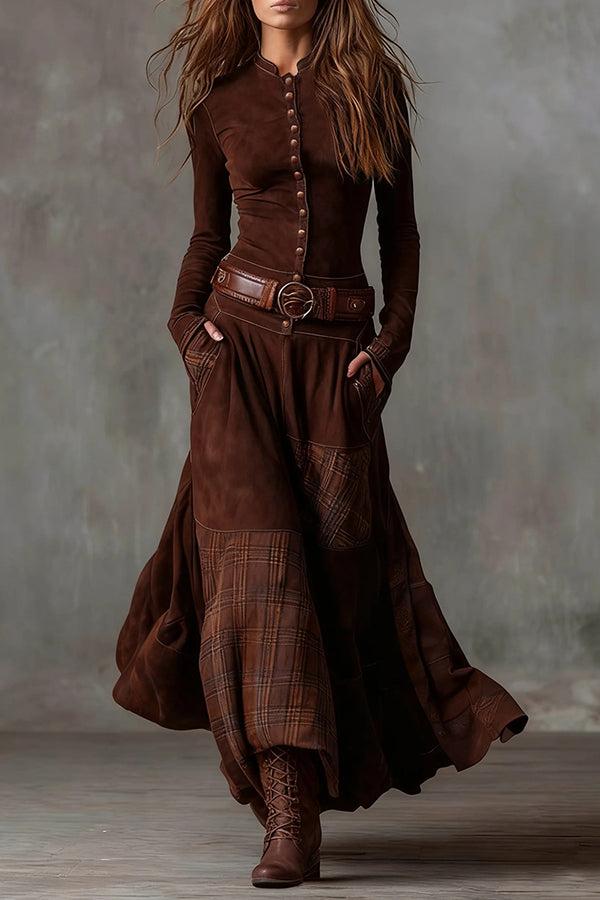 Cardydony Women's Retro-style Patchwork Single-breasted Long-sleeved Casual Pocket Maxi Dress
