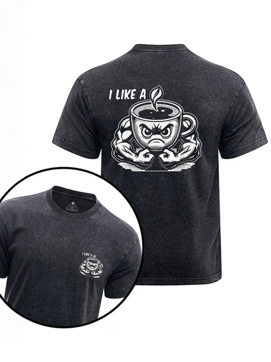 Cardydony I Like A Coffee Printed Washed Gym Shirt