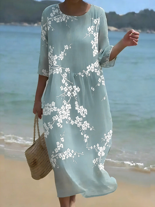Cardydony Vintage Floral Art Linen Blend Loose Linen Dress
