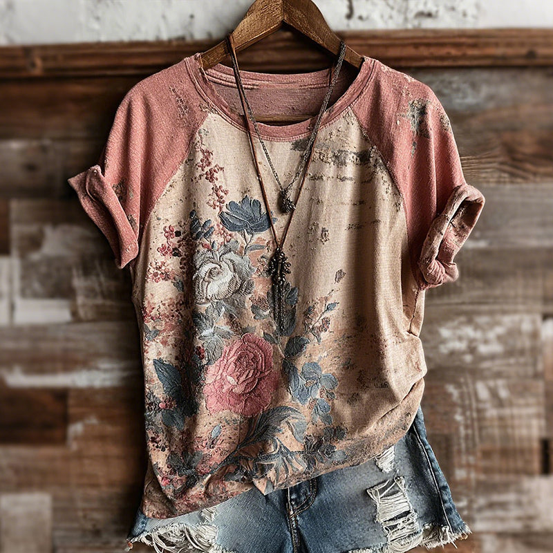 Cardydony Women's Retro Bohemian Floral Casual T-shirt